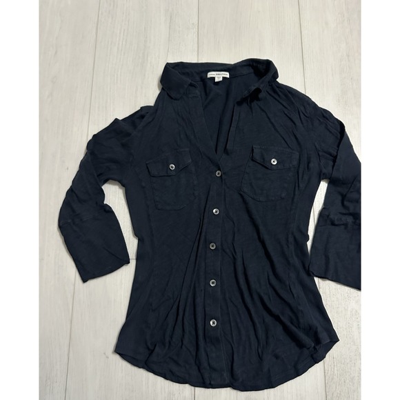 James Perse Sheer Slub Side Panel Shirt Size 2 Navy Blue Button Down Pockets - Picture 1 of 6